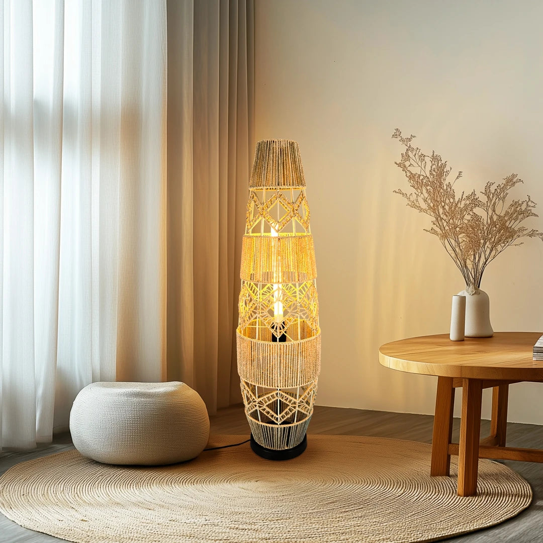 Vrygle Boho Rattan Floor Lamp With LED Light Corner Reading Lamp Living Room