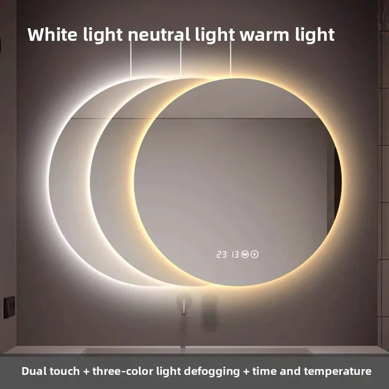 Round Wall-Mounted Smart Bathroom Mirror With LED Anti-Fog Touch Screen
