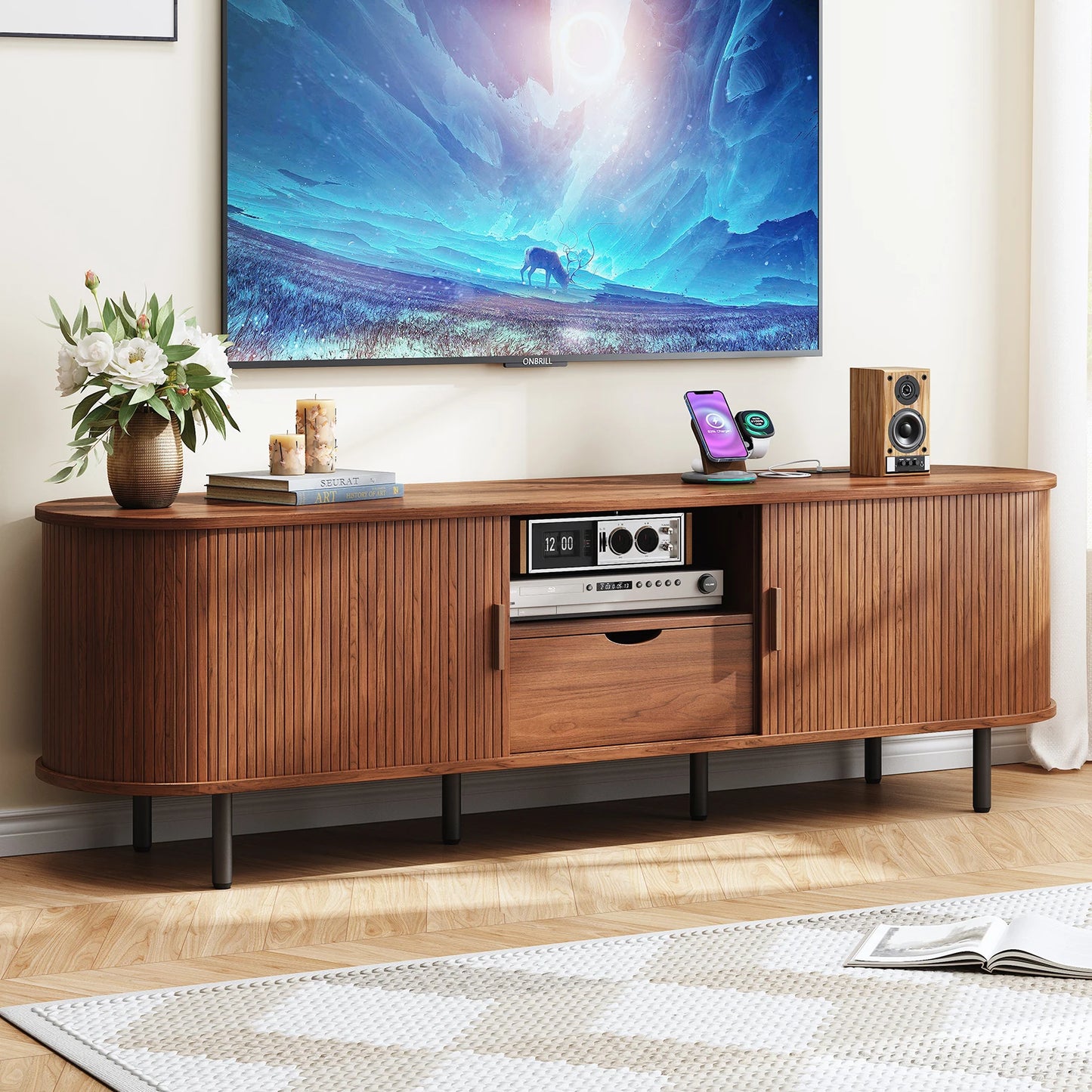 TV Stand With Power Outlet And Storage, Modern TV Console