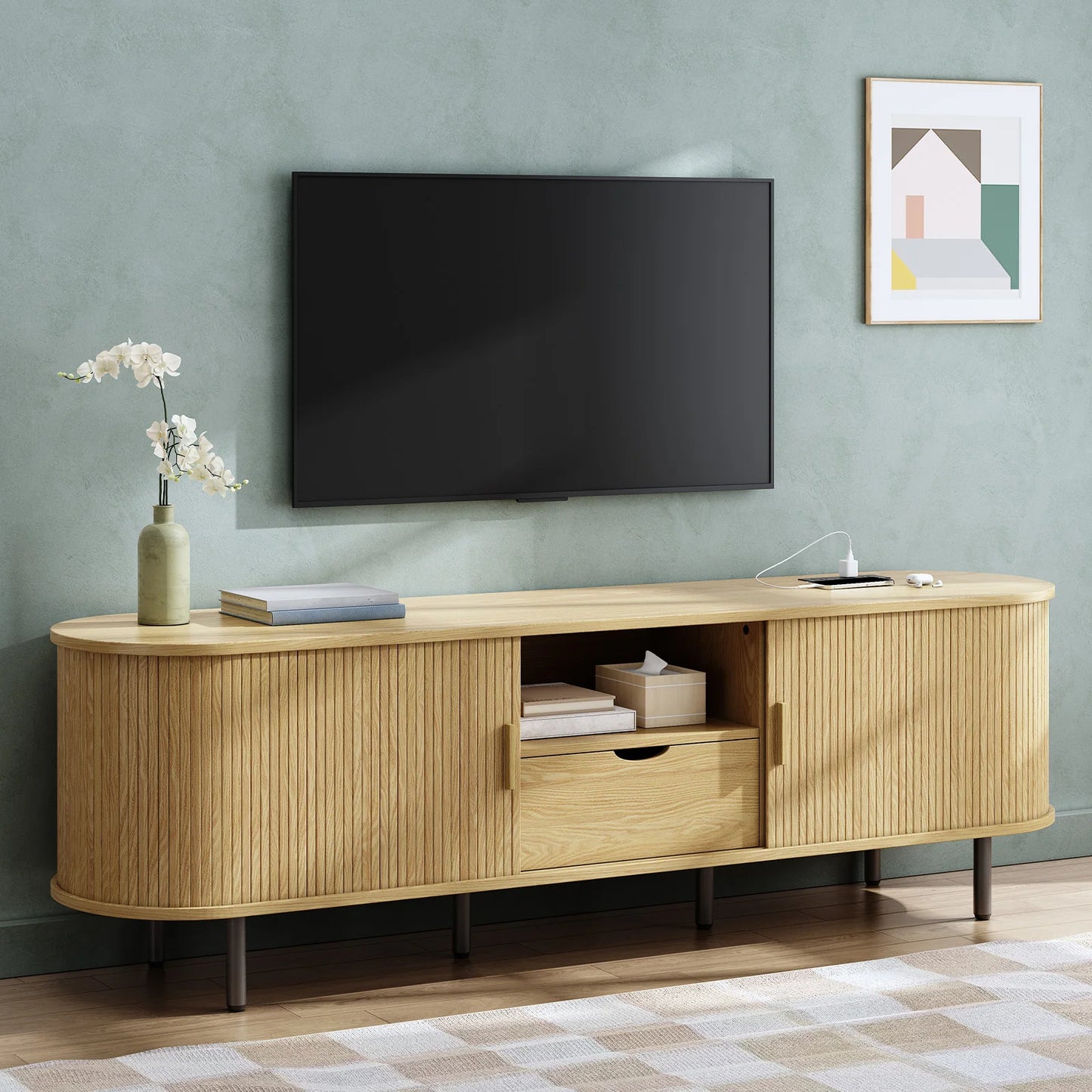 TV Stand With Power Outlet And Storage And Adjustable Shelves