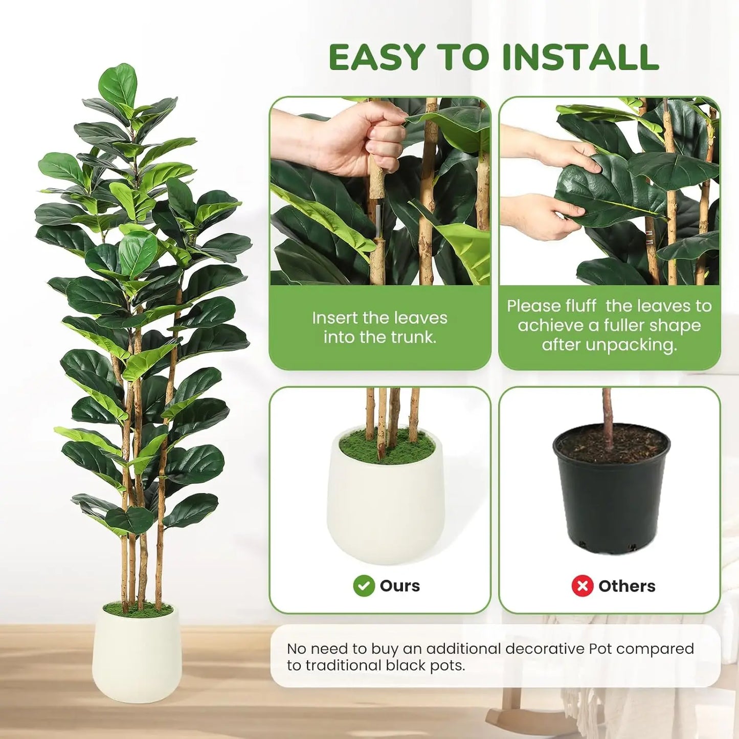 HiMISSCN Fiddle Leaf Fig Tree With Pot Artificial Indoor Plant