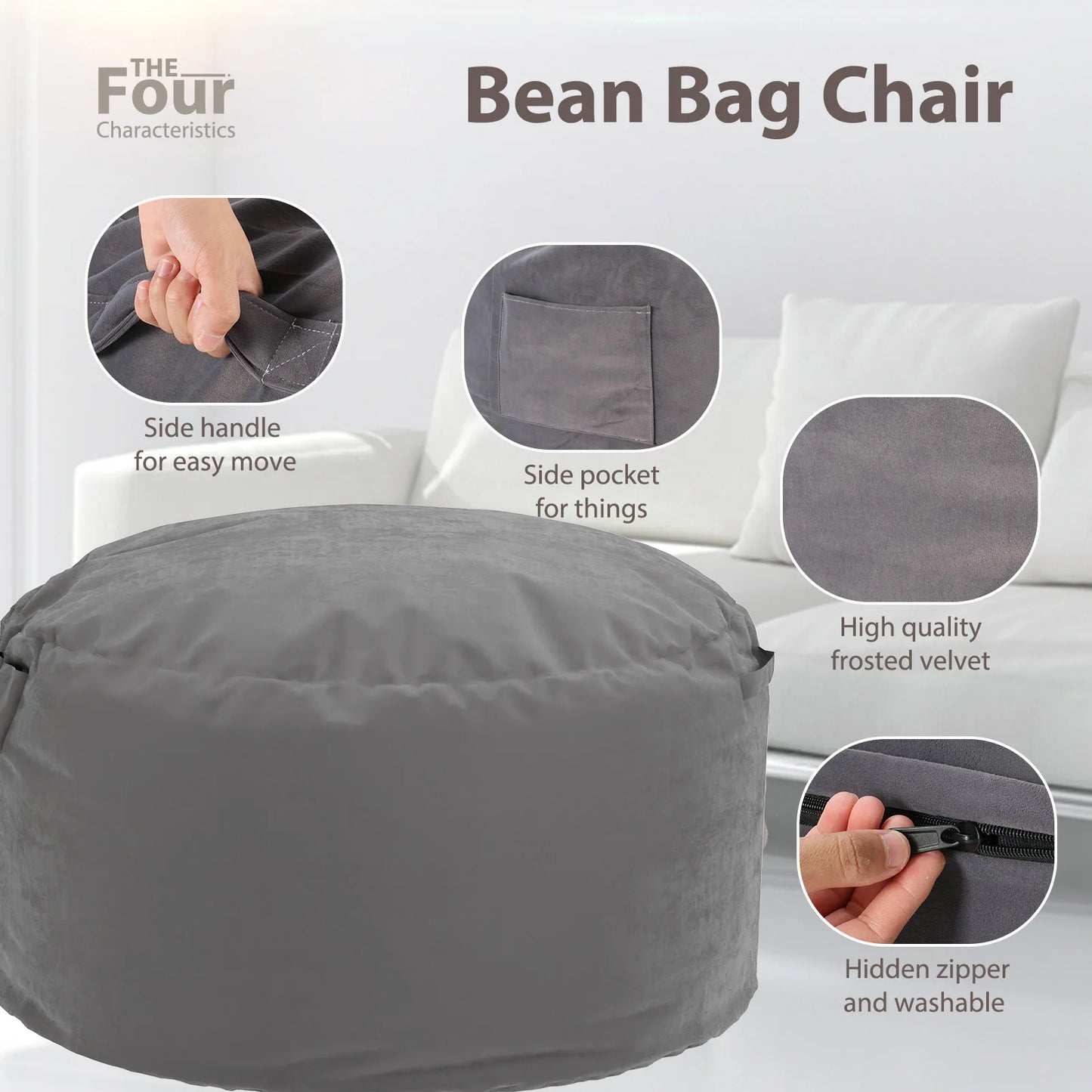 Bean Bag Chair With Removable Washable Cover For Living Room