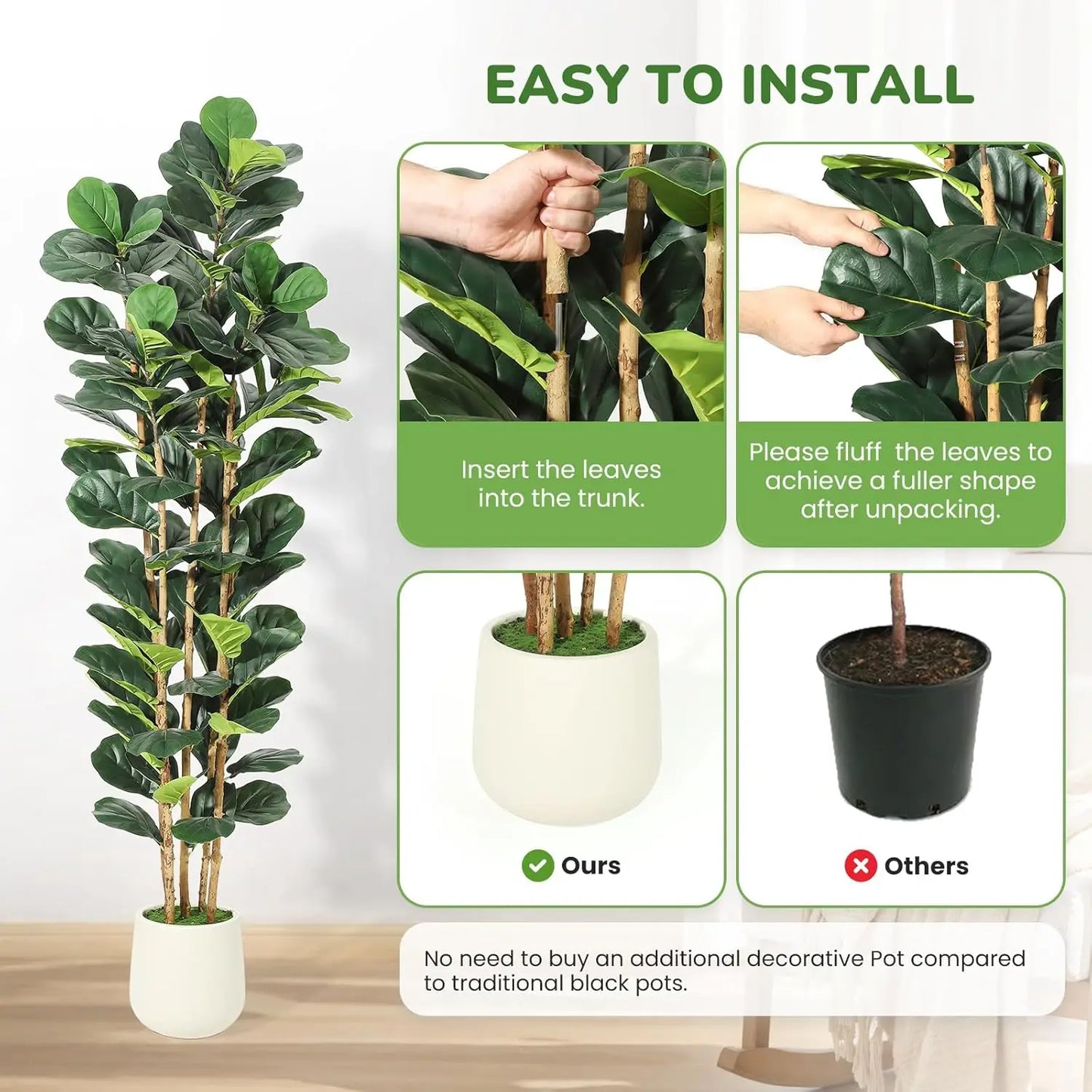 HiMISSCN Fiddle Leaf Fig Tree With Pot Artificial Indoor Plant