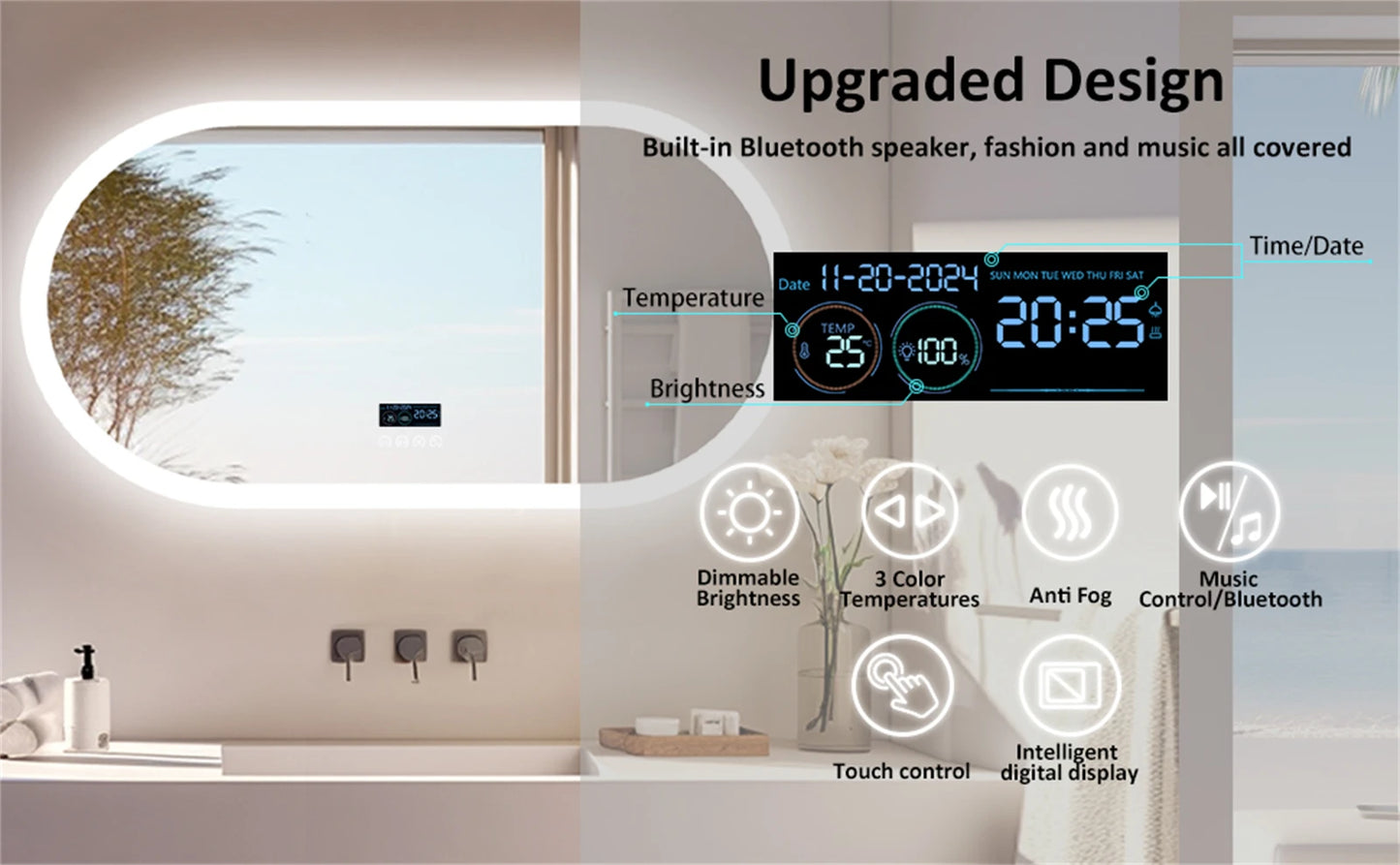 Borwart Oval LED Bathroom Mirror With Bluetooth And Anti Fog