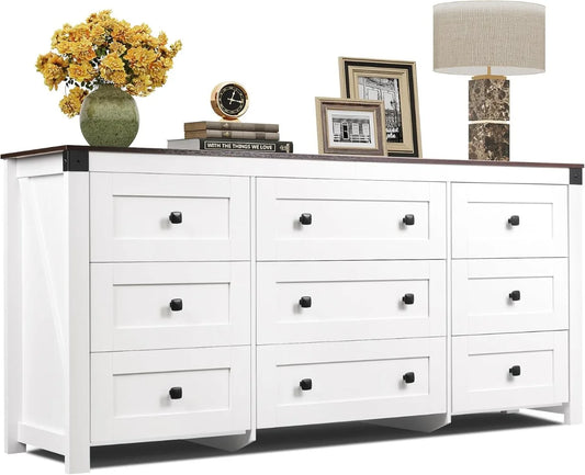 Farmhouse Wood Dresser With Nine Drawers For Bedroom Storage