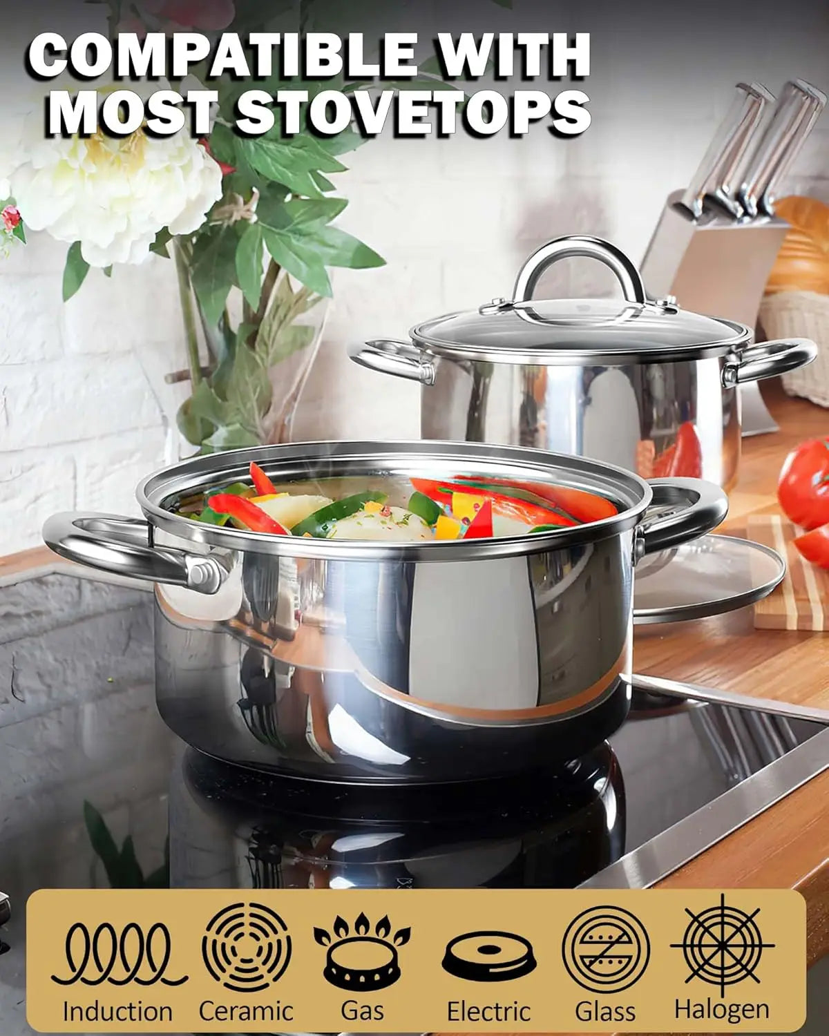 Stainless Steel Stock Pot Set With Glass Lids For Induction