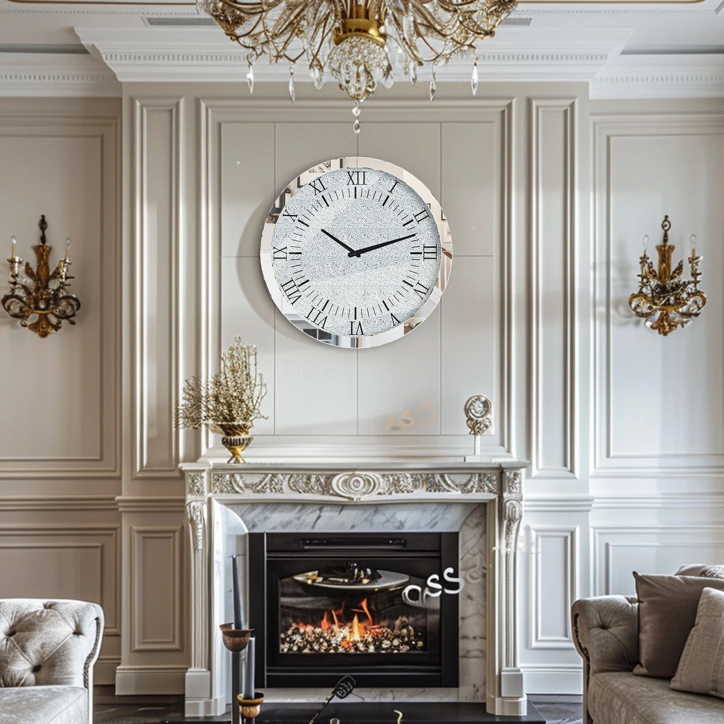 Crystal Crush Diamond Mirrored Round Wall Clock Beveled Glass Edging