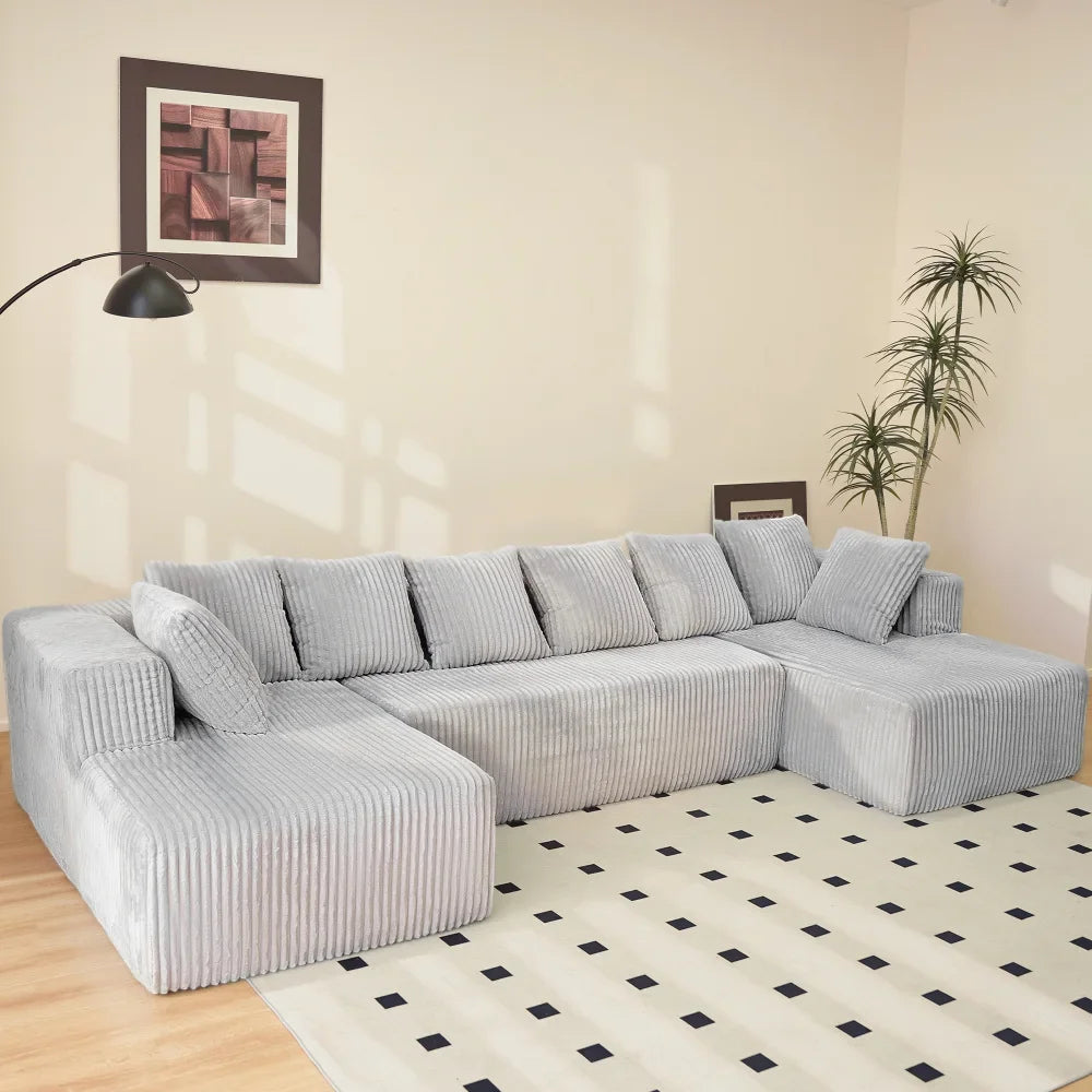 U Shaped Sectional Sofa With Corduroy Fabric Customizable Living Room