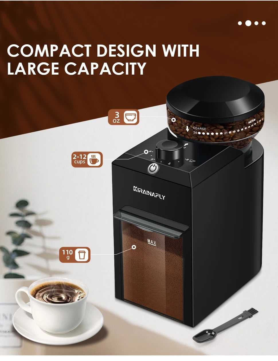 KIRAINAFLY Automatic Burr Mill Coffee Grinder 28 Adjustable Gears