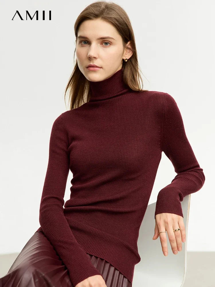 AMIICN Minimalism Women Sweater Slim Fit Turtleneck Warm Knit