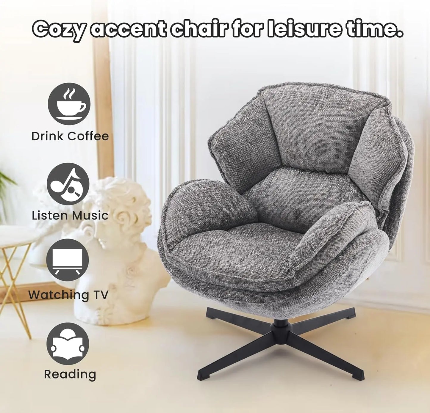 Swivel Accent Chair With Upholstered Armchair And Metal Legs