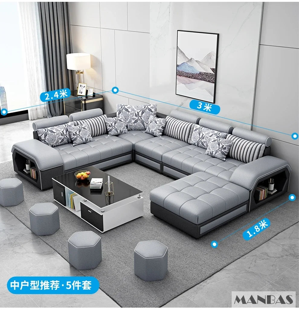 Linlamlim U Shaped Fabric Sofa Set With Usb And Stools