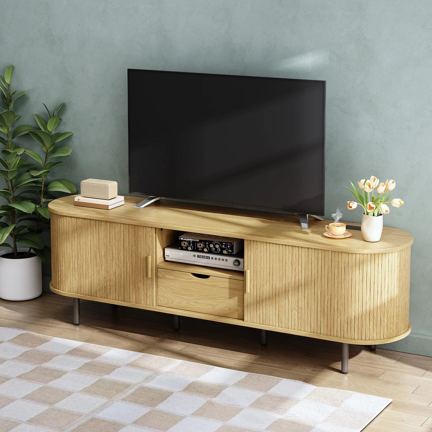 TV Stand With Power Outlet And Adjustable Shelves Storage