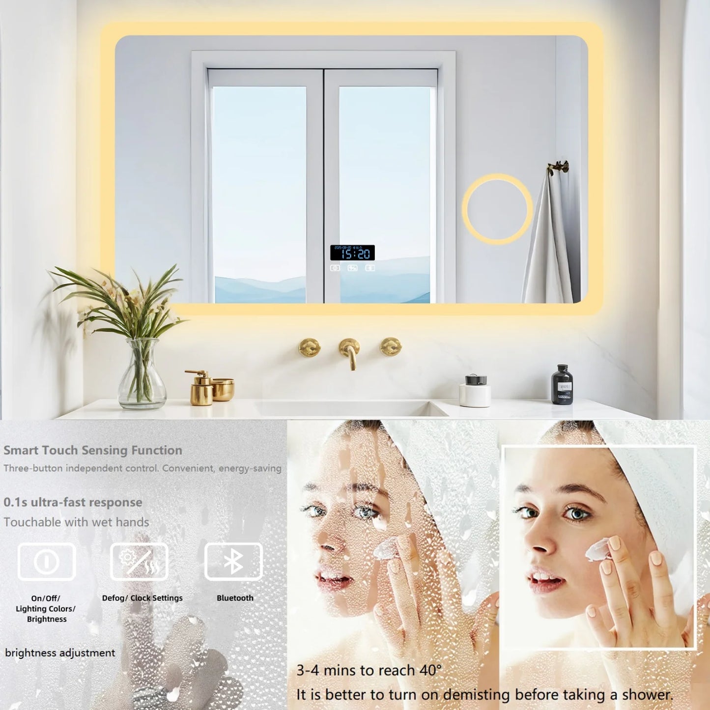 LED Bathroom Mirror With Bluetooth Dimmable Backlit 3X Magnifier Display