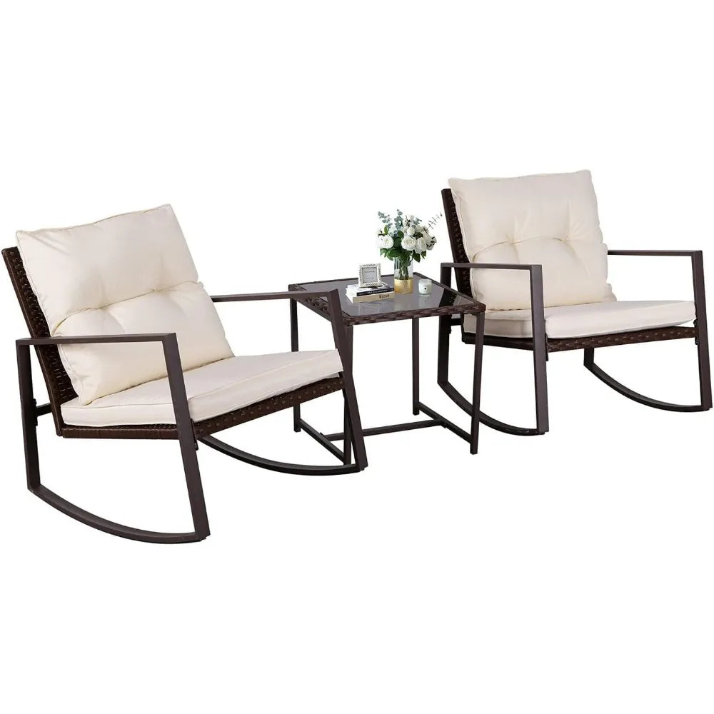 3-Piece Patio Bistro Set With Glass Coffee Table And Wicker Rocking Chairs