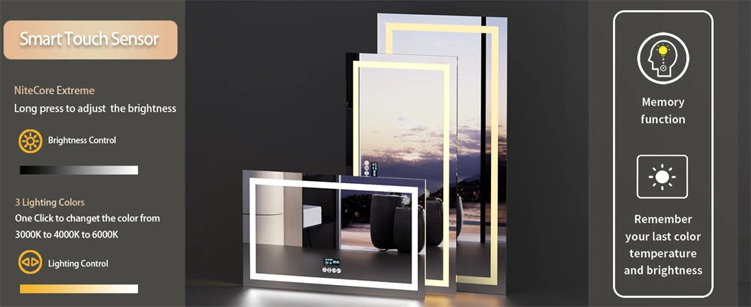 BORWART Smart LED Vanity Mirror Wall Mounted Bluetooth Digital Display