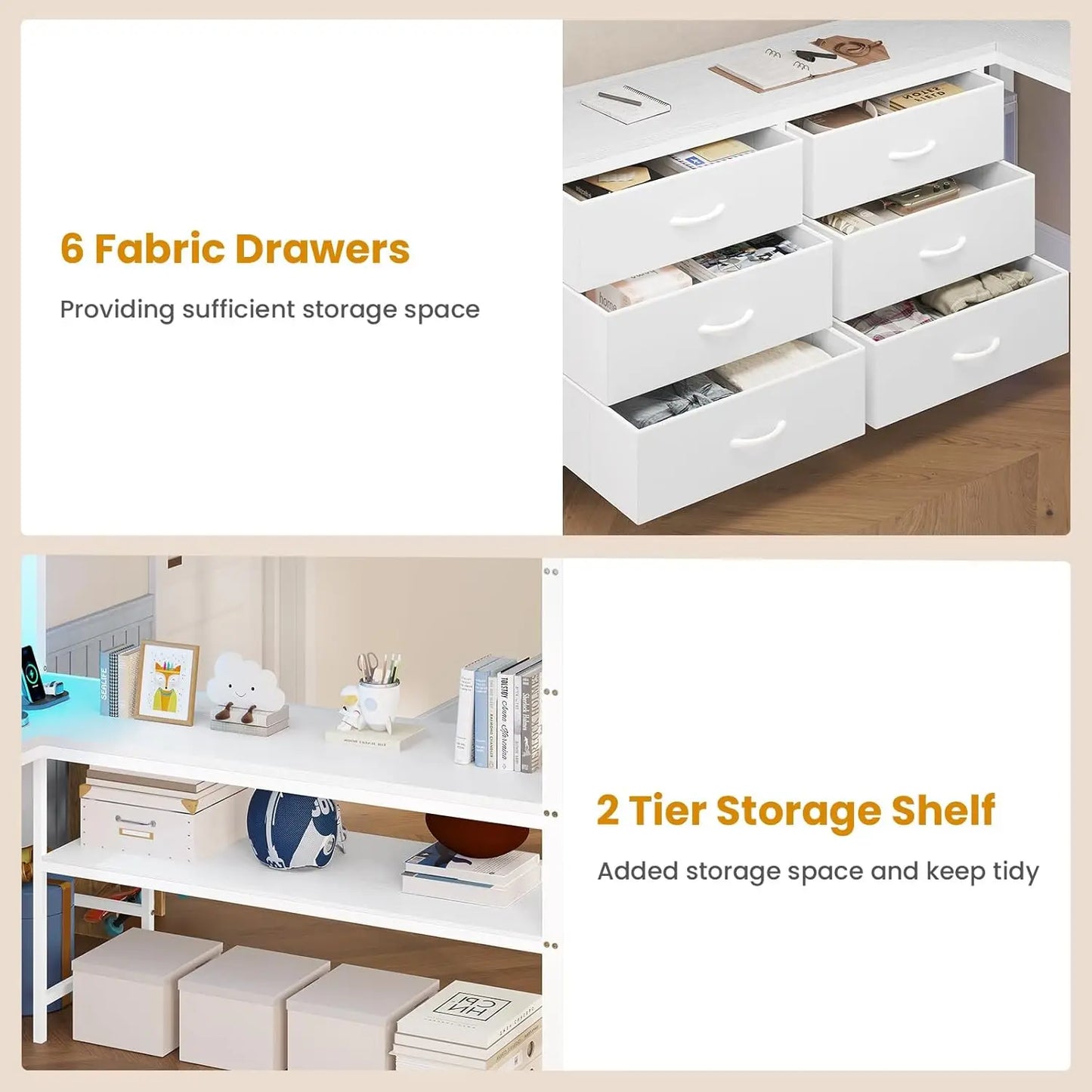 XMSJ Loft Bed With U Shaped Desk And Storage Shelves