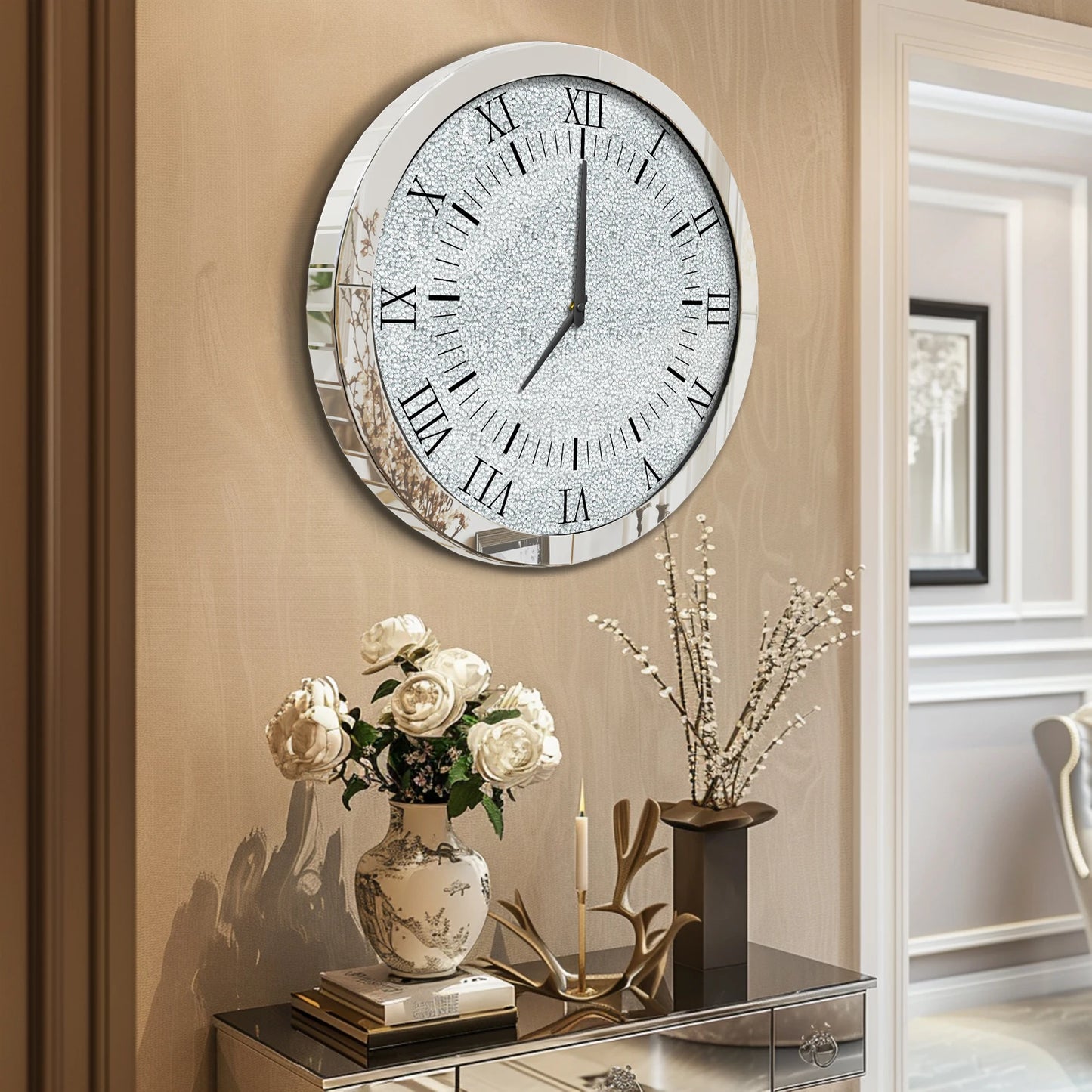 Crystal Crush Diamond Mirrored Round Wall Clock Beveled Glass Edging