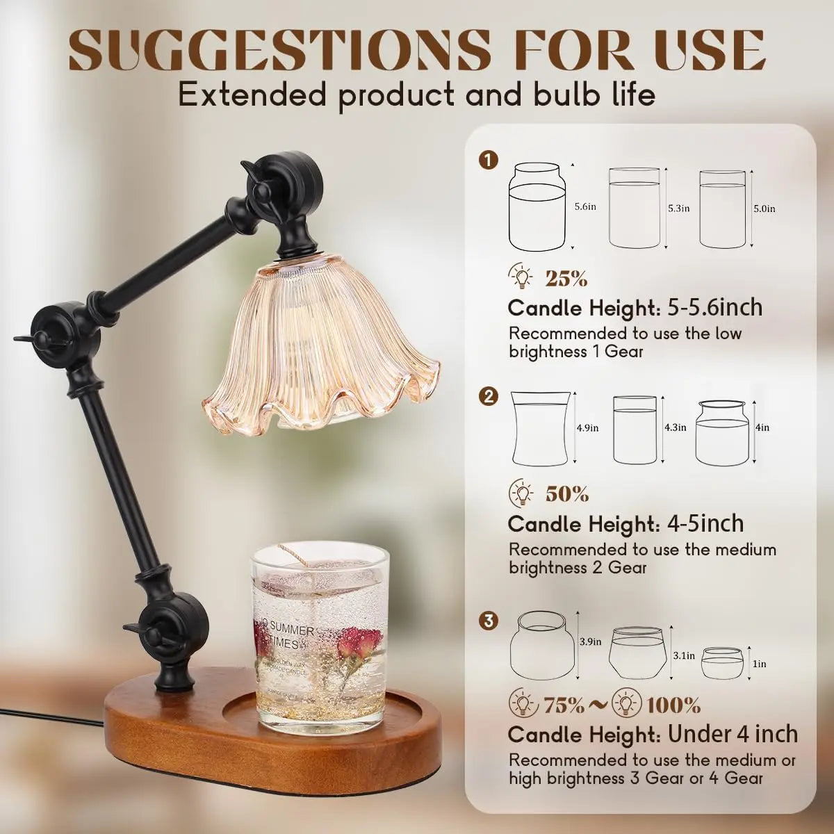Candle Warmer Lamp For Jar Candles Adjustable Height Dimmable Timer