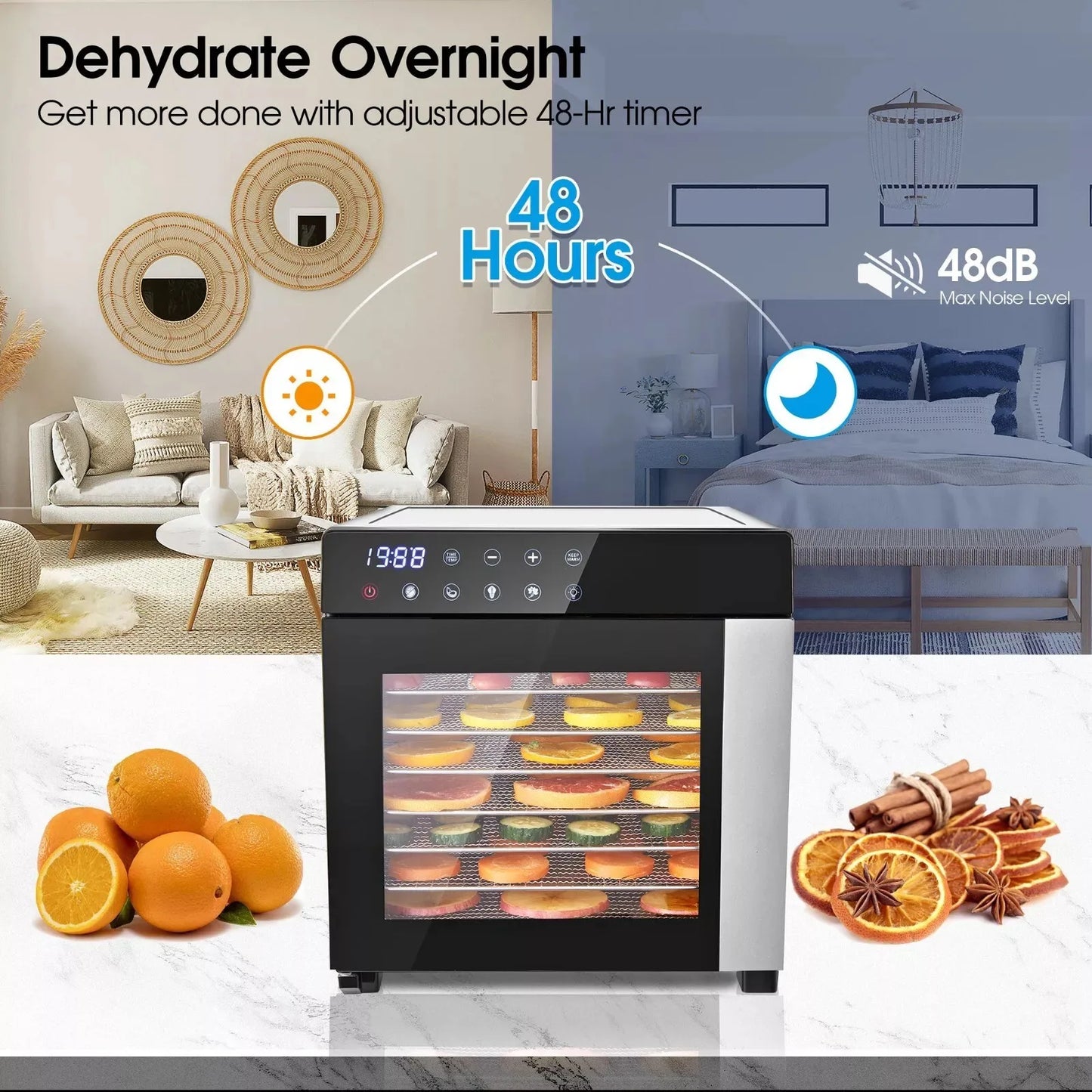 SNDOAS 8-Tray Food Dehydrator 600W With 4 Presets And Timer