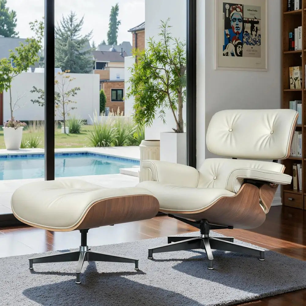 Mid Century Leather Armchair Lounge Chair Ottoman For Living Room