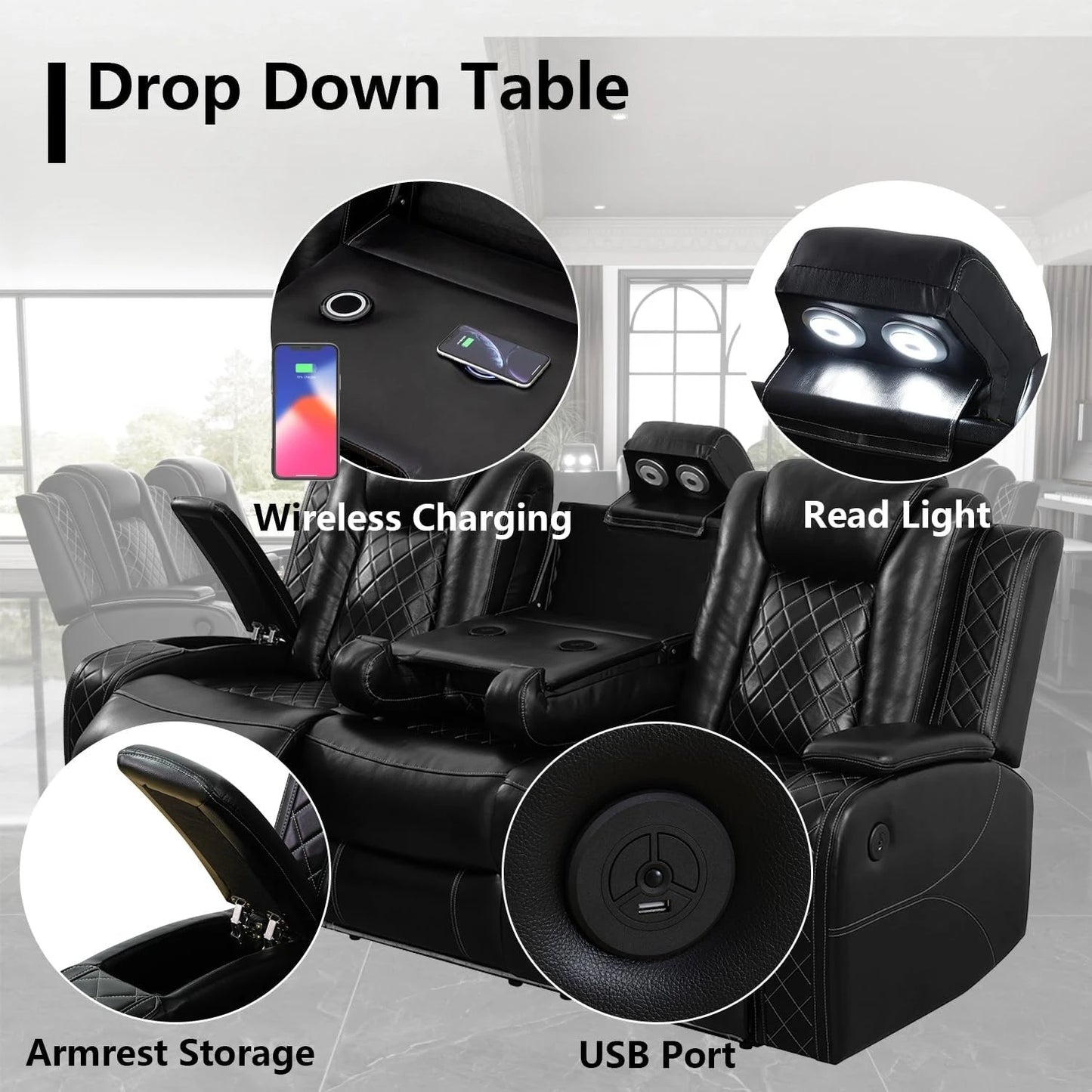 Power Recliner Sofa Set With LED Light Leather Reclining Sofa And Loveseat
