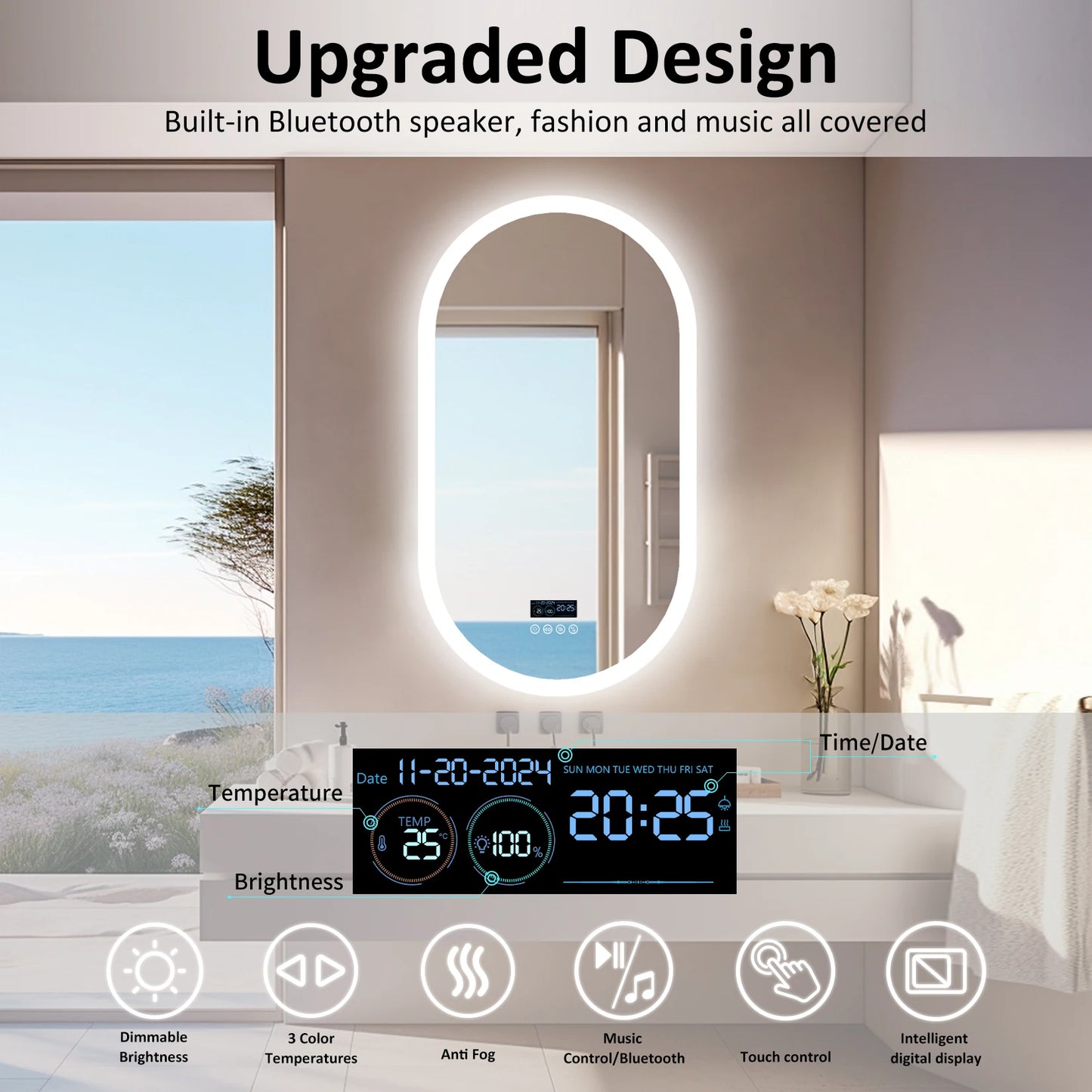 LUVODI Lighted Bluetooth Bathroom Mirror Time Date Display Anti Fog
