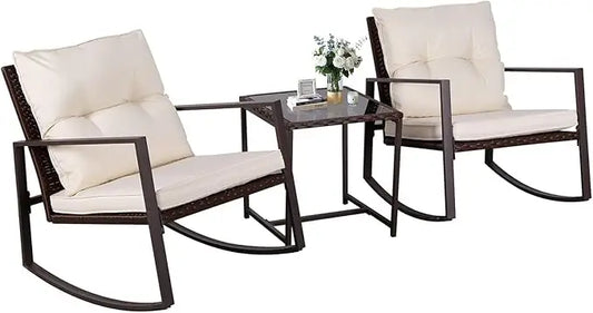 3-Piece Patio Bistro Set With Glass Coffee Table And Wicker Rocking Chairs