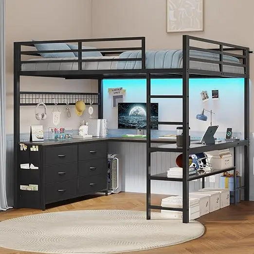 XMSJ Loft Bed With U-Shaped Desk And Storage Shelves