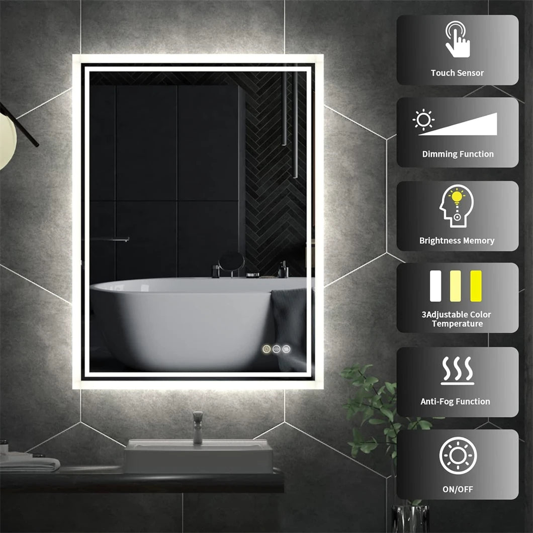 BORWART LED Wall Mounted Bathroom Mirror Backlit Fogless Demist Dimmable IP65
