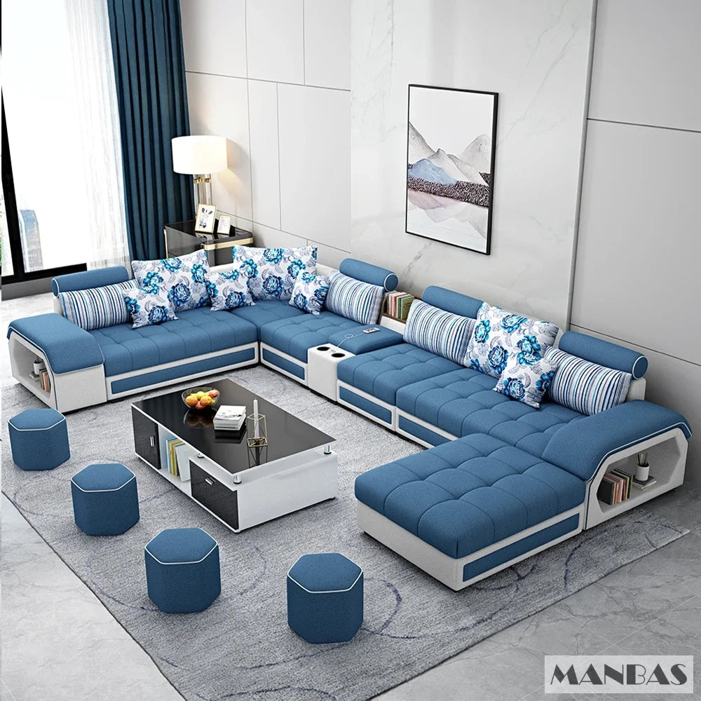Linlamlim U Shaped Fabric Sofa Set With Usb And Stools
