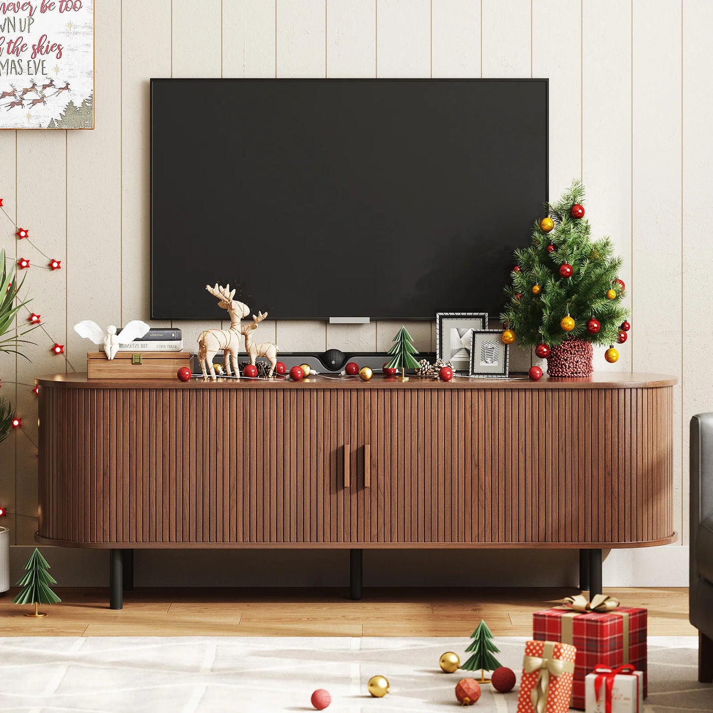TV Stand With Power Outlet And Storage And Adjustable Shelves