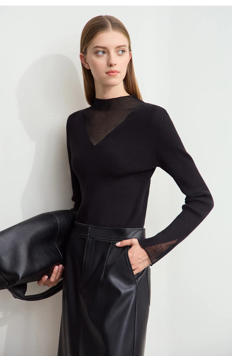 AMIICN Minimalist Winter Turtleneck Sweater With Sheer Panels