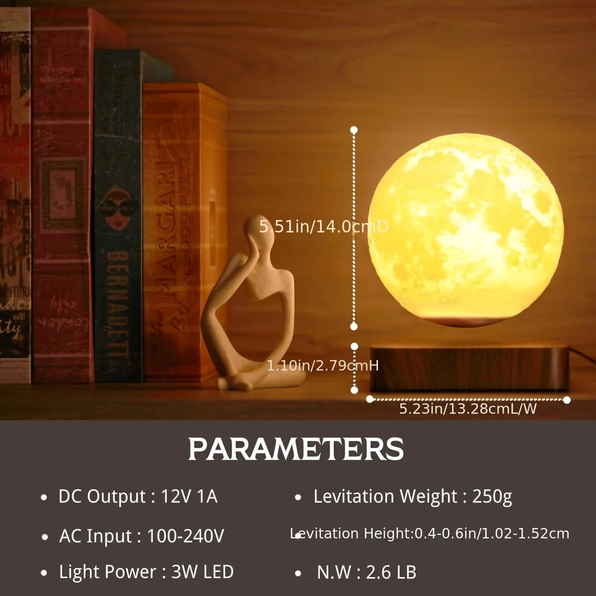 Mexllex Magnetic Floating Moon Lamp With Wooden Base 3-Temperature LED