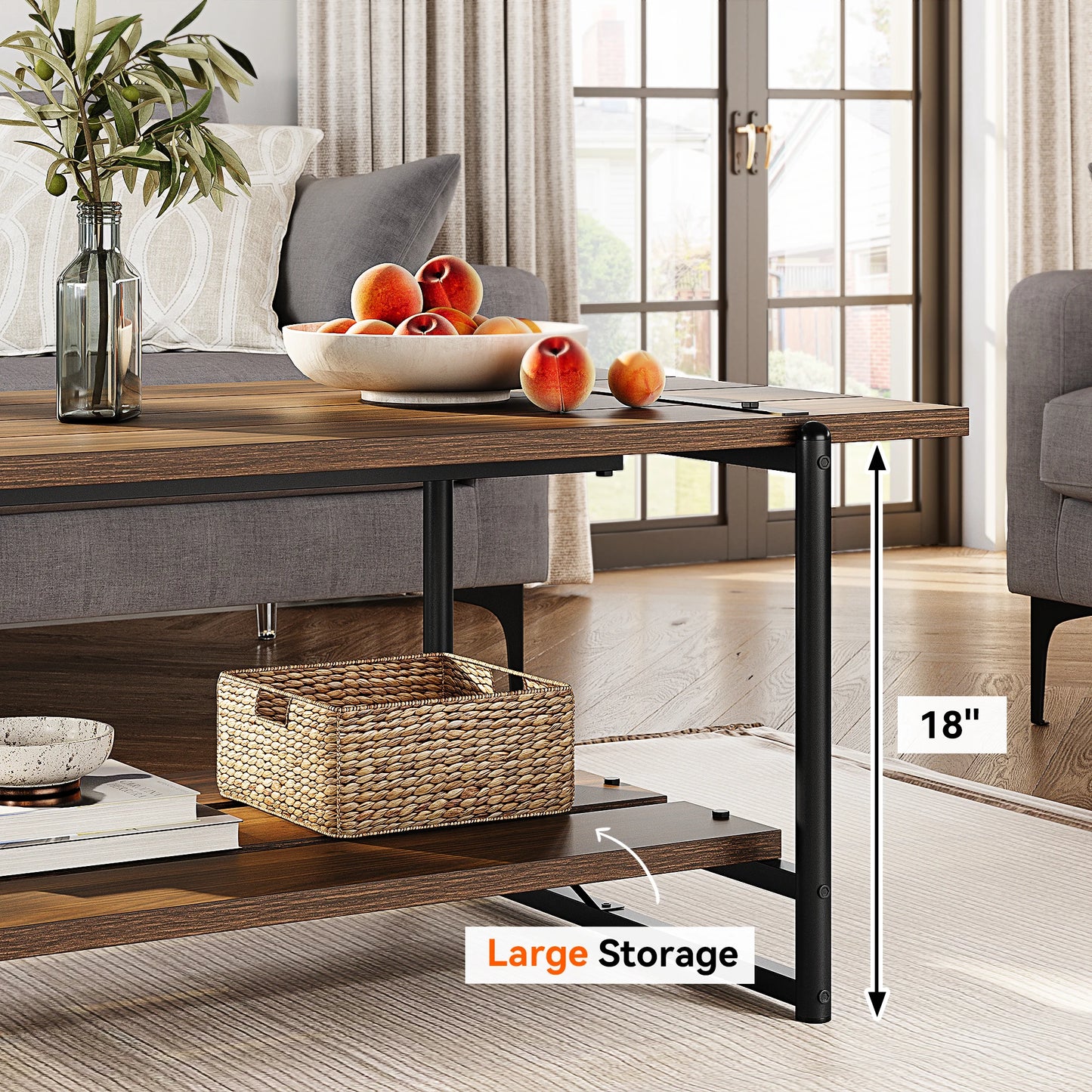 HobbyLane 2-Tier Wood Coffee Table With Rustic Storage