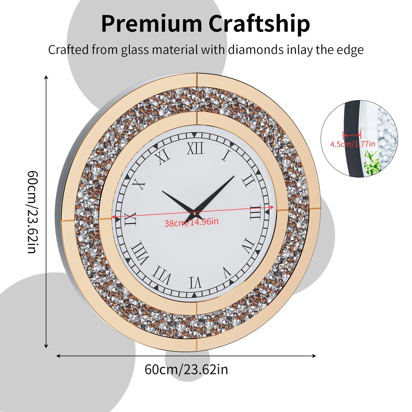 Glam Sparkle Round Mirrored Wall Clock for Home Decor