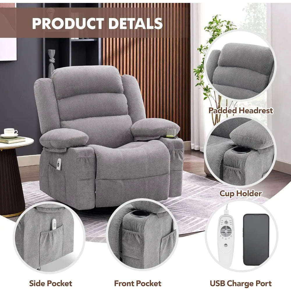 Rocker Recliner Chair With Heat And Massage 360 Degree Swivel For Adults