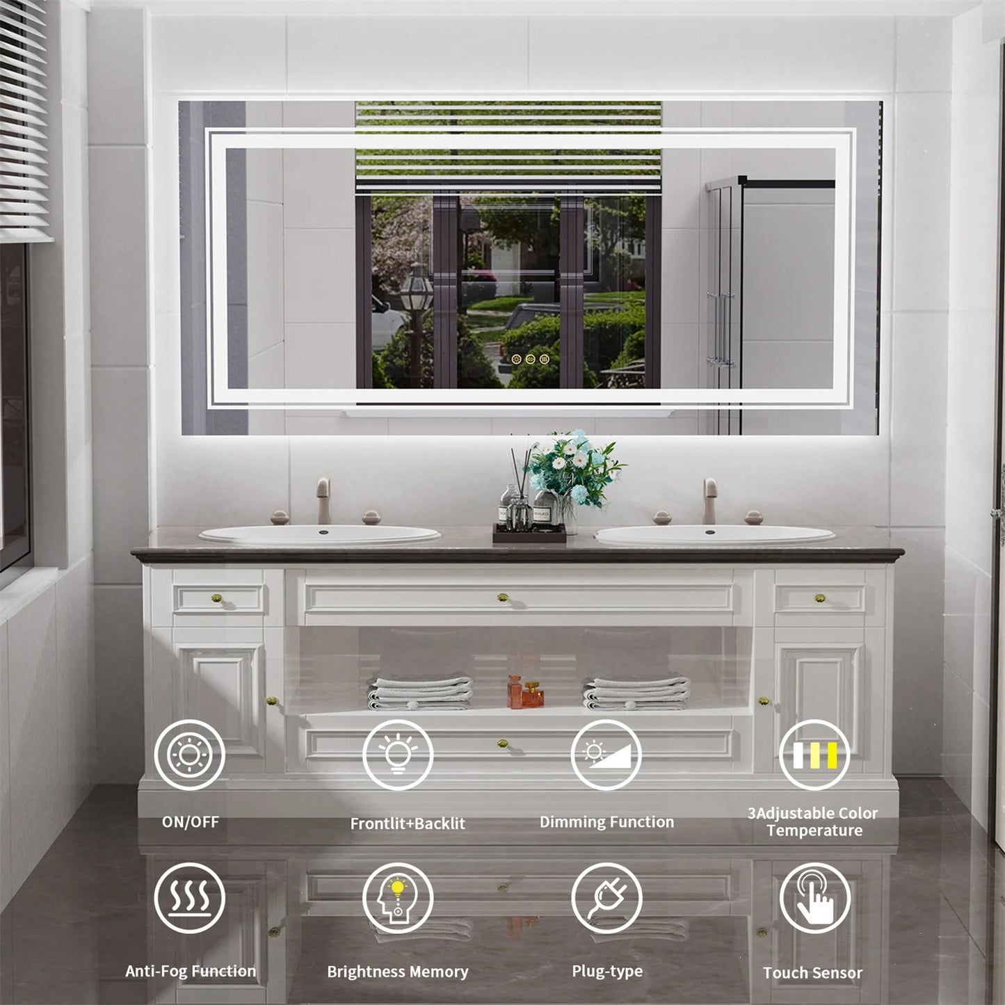 LED Backlit Mirror Dual Lights Anti Fog Dimmable Touch Button