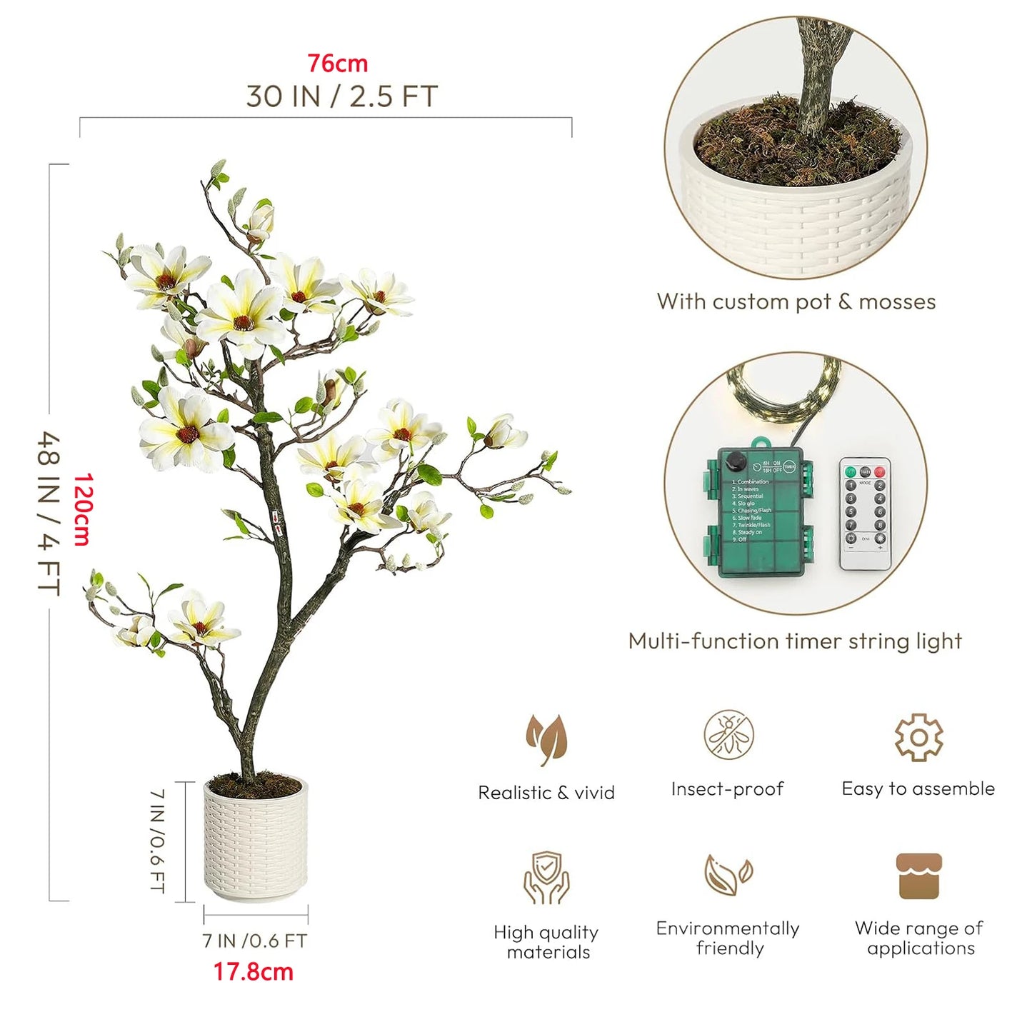 Artificial Magnolia Plant With LED Lights For Outdoor Patio Decor