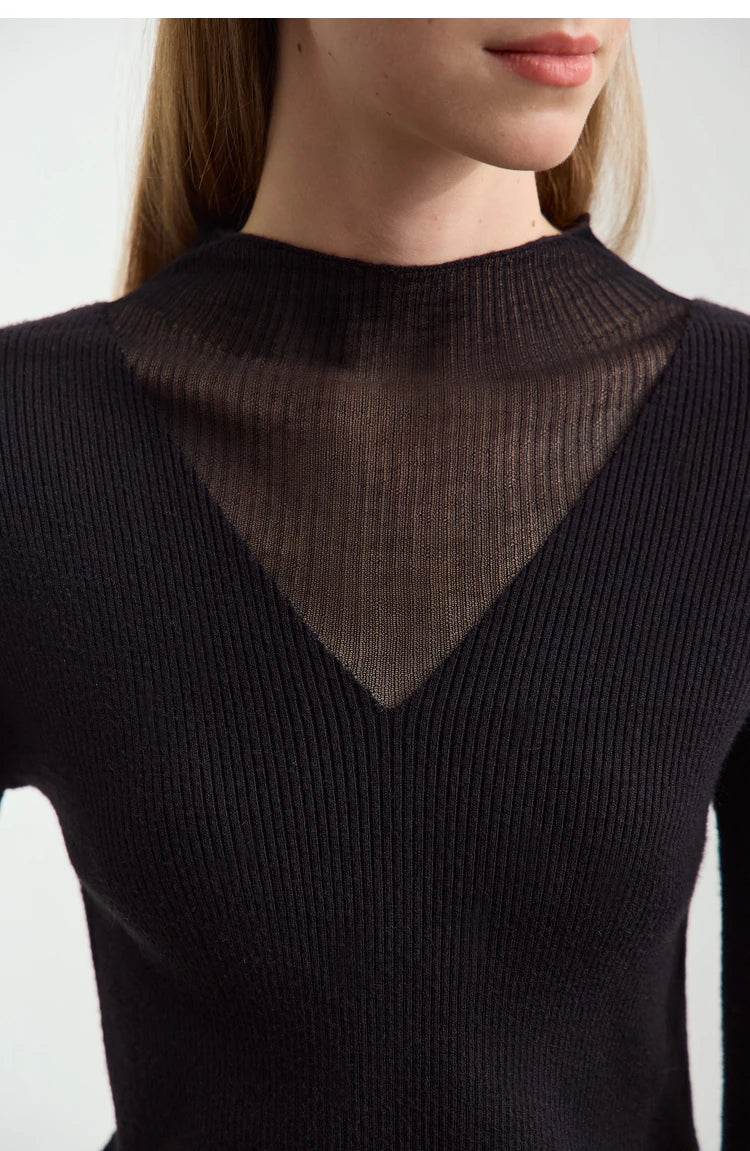 AMIICN Minimalist Winter Turtleneck Sweater With Sheer Panels