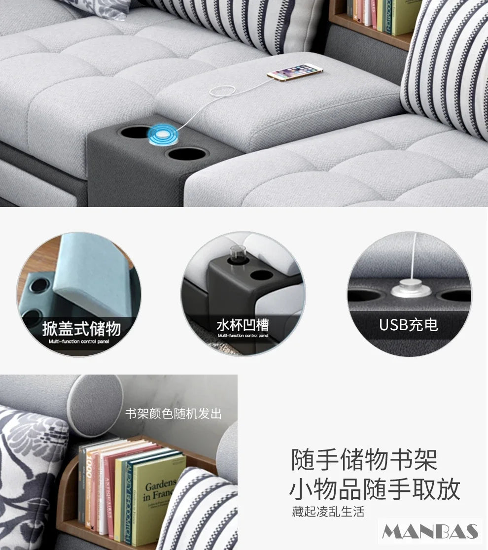 Linlamlim U Shaped Fabric Sofa Set With Usb And Stools