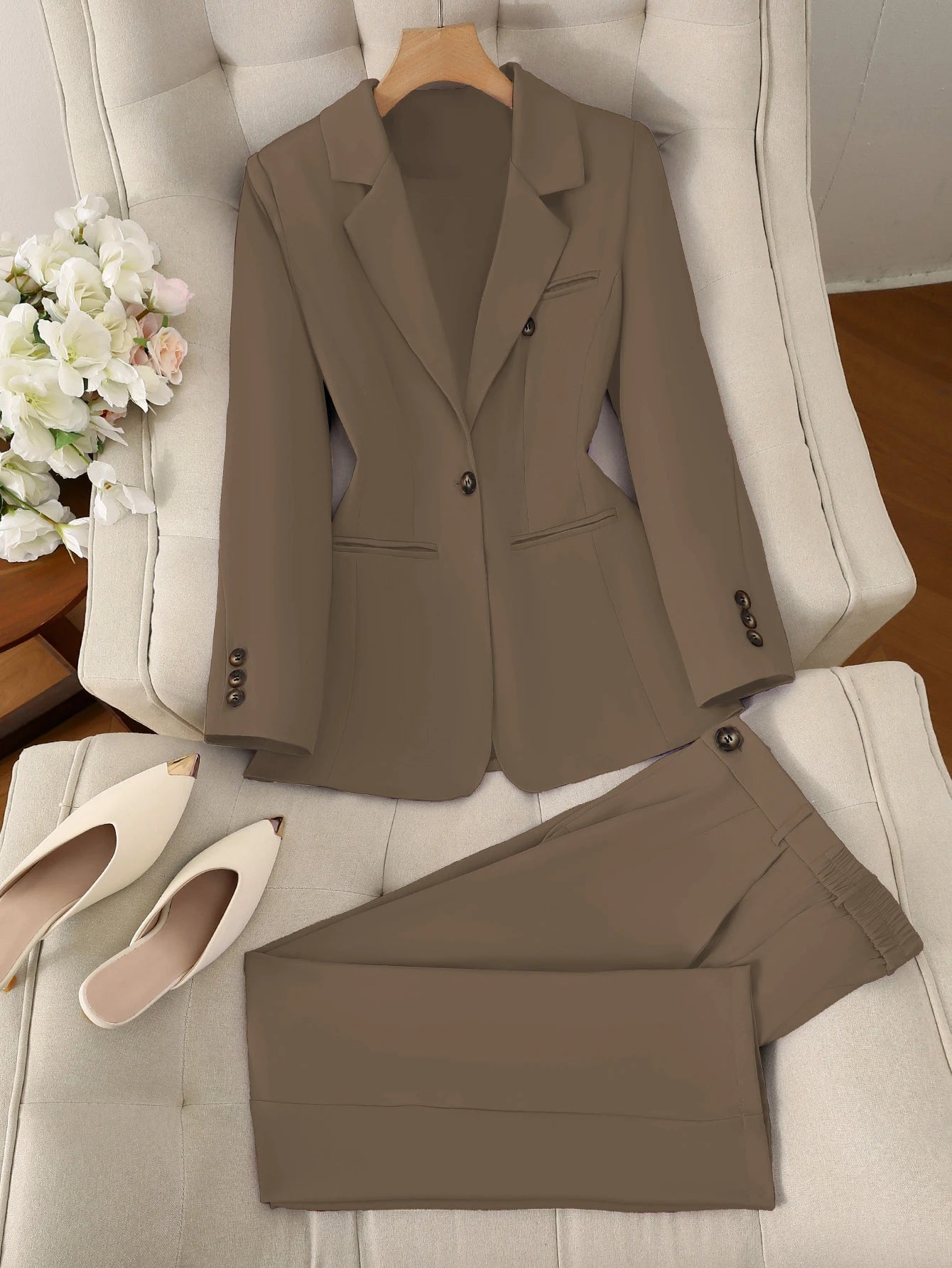 Women's Two Piece Suit With Single Button Jacket And Trousers