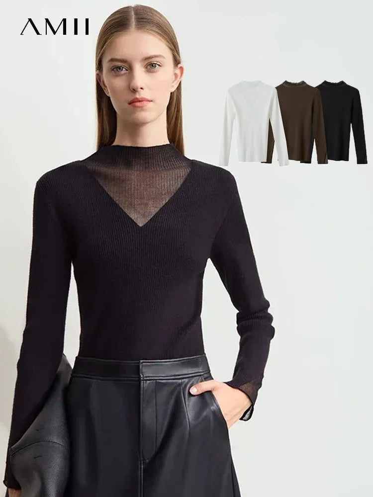 AMIICN Minimalist Winter Turtleneck Sweater With Sheer Panels