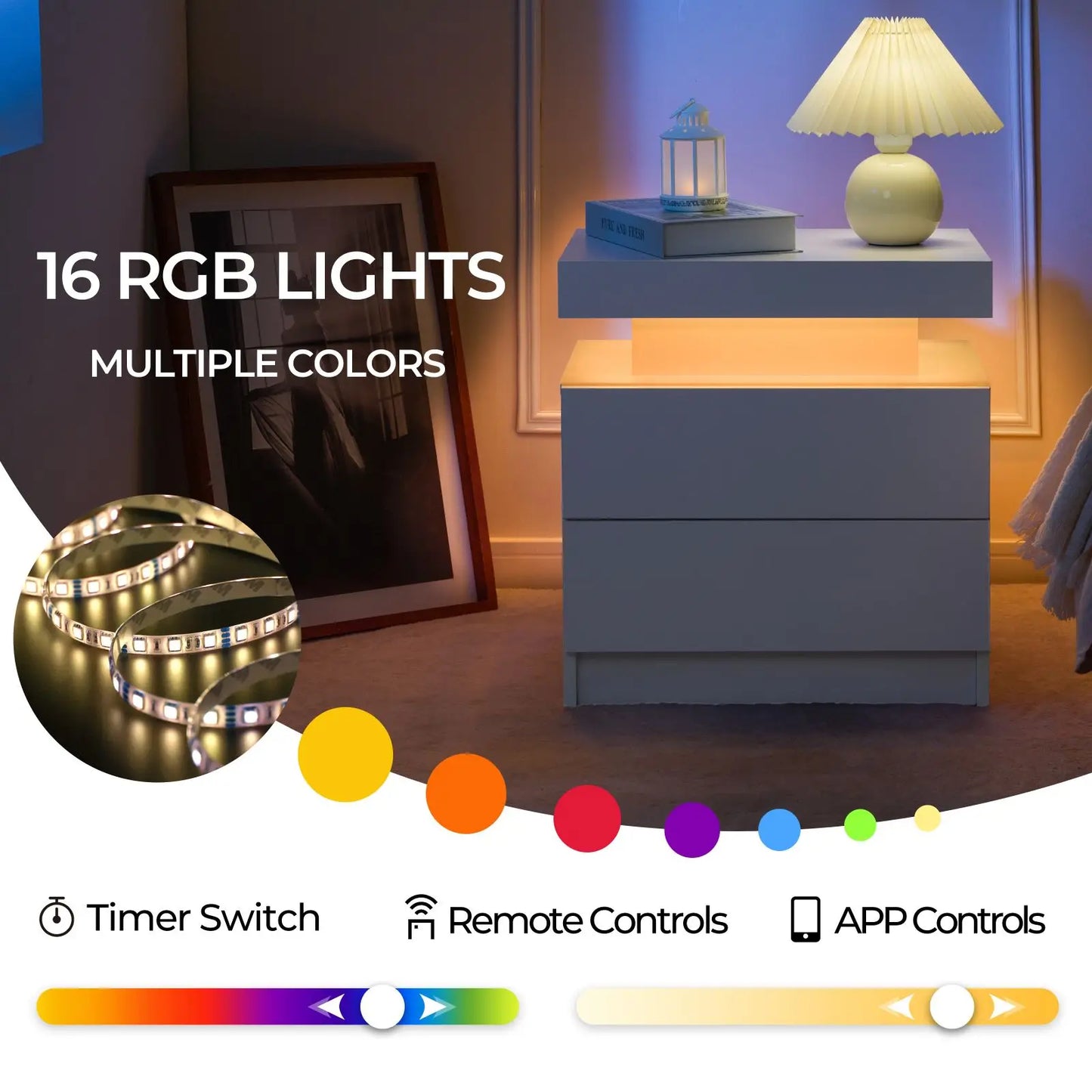 Cubehom LED Nightstands Set Of 2 With Drawers For Bedroom