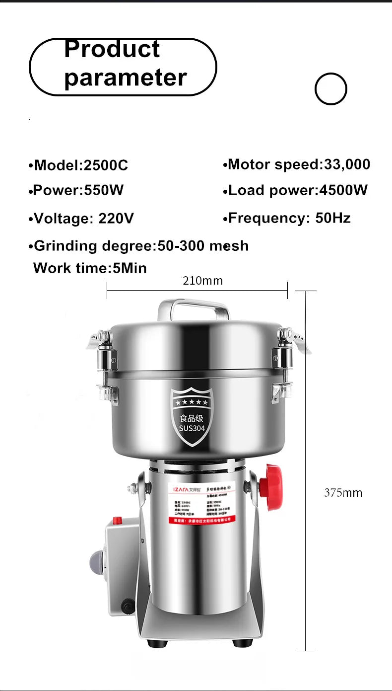 2500A 4500W Powder Grinder For Herbs Spices Grains Cereals