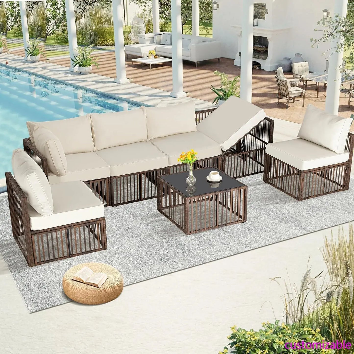 XMSJ 7 Piece Outdoor Patio Furniture Set Wicker Sectional Sofa