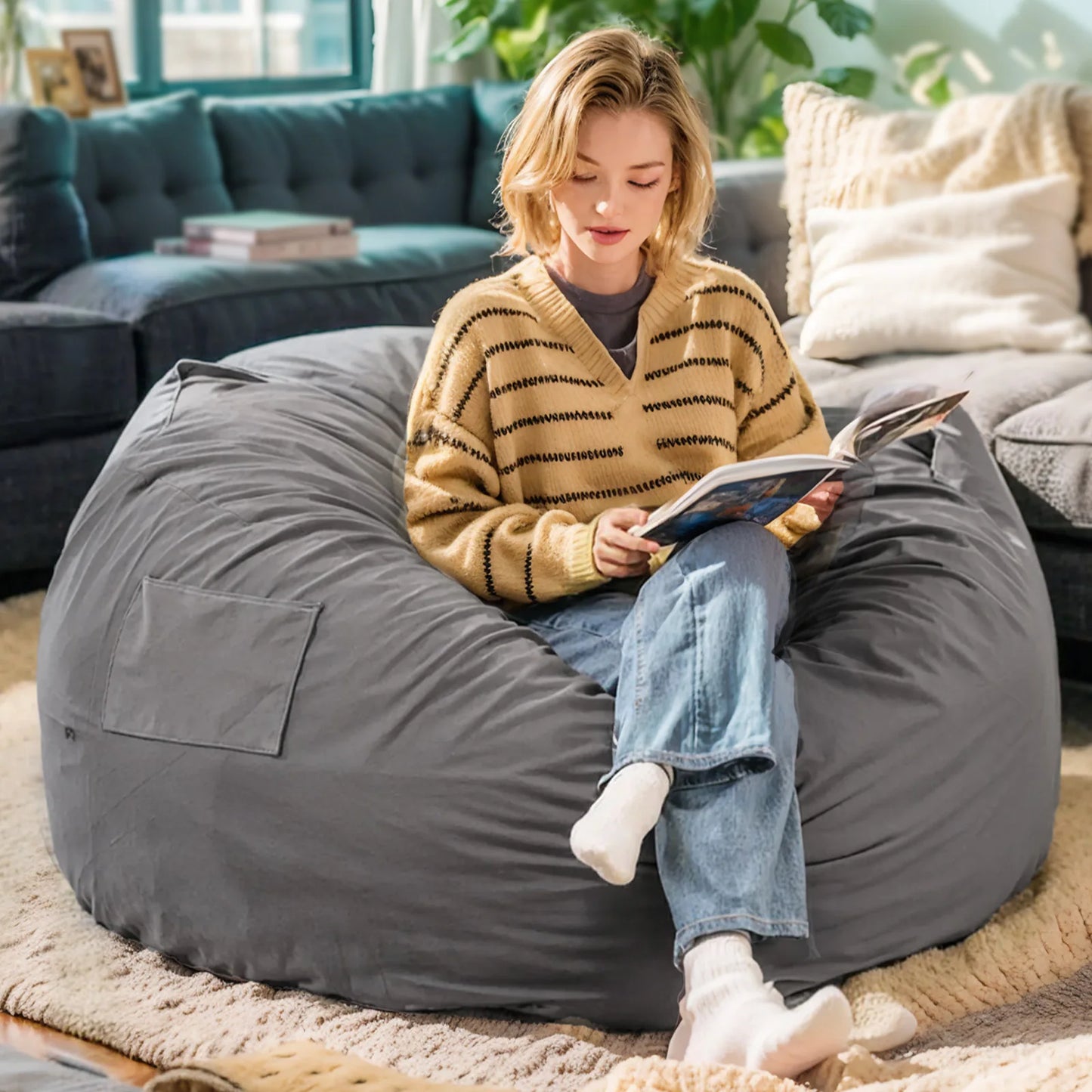 Bean Bag Chair With Removable Washable Cover For Living Room