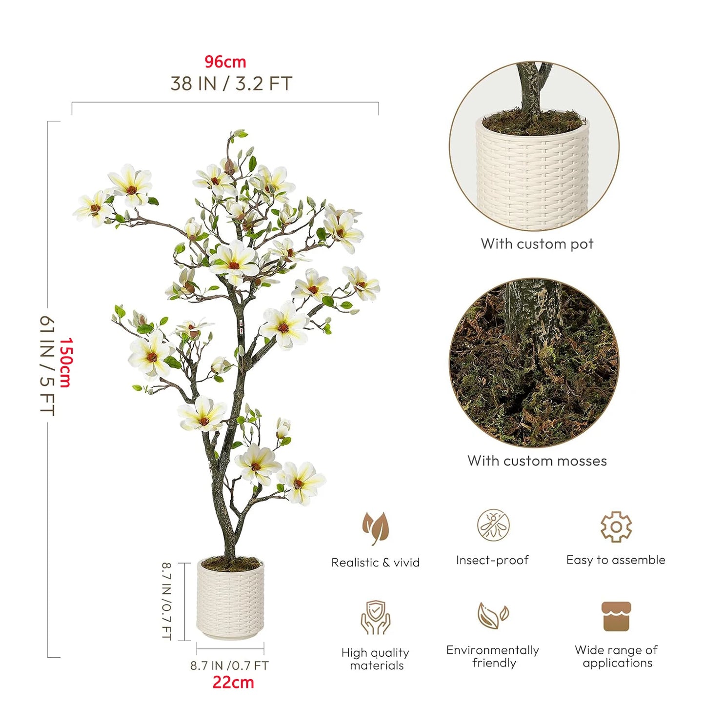 Artificial Magnolia Plant With LED Lights For Outdoor Patio Decor