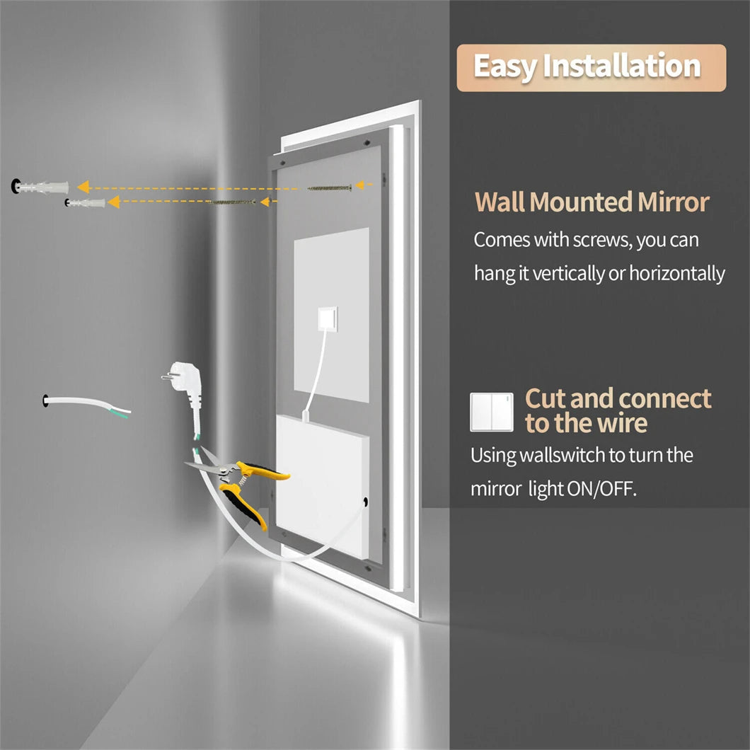 BORWART LED Wall Mounted Bathroom Mirror Backlit Fogless Demist Dimmable IP65