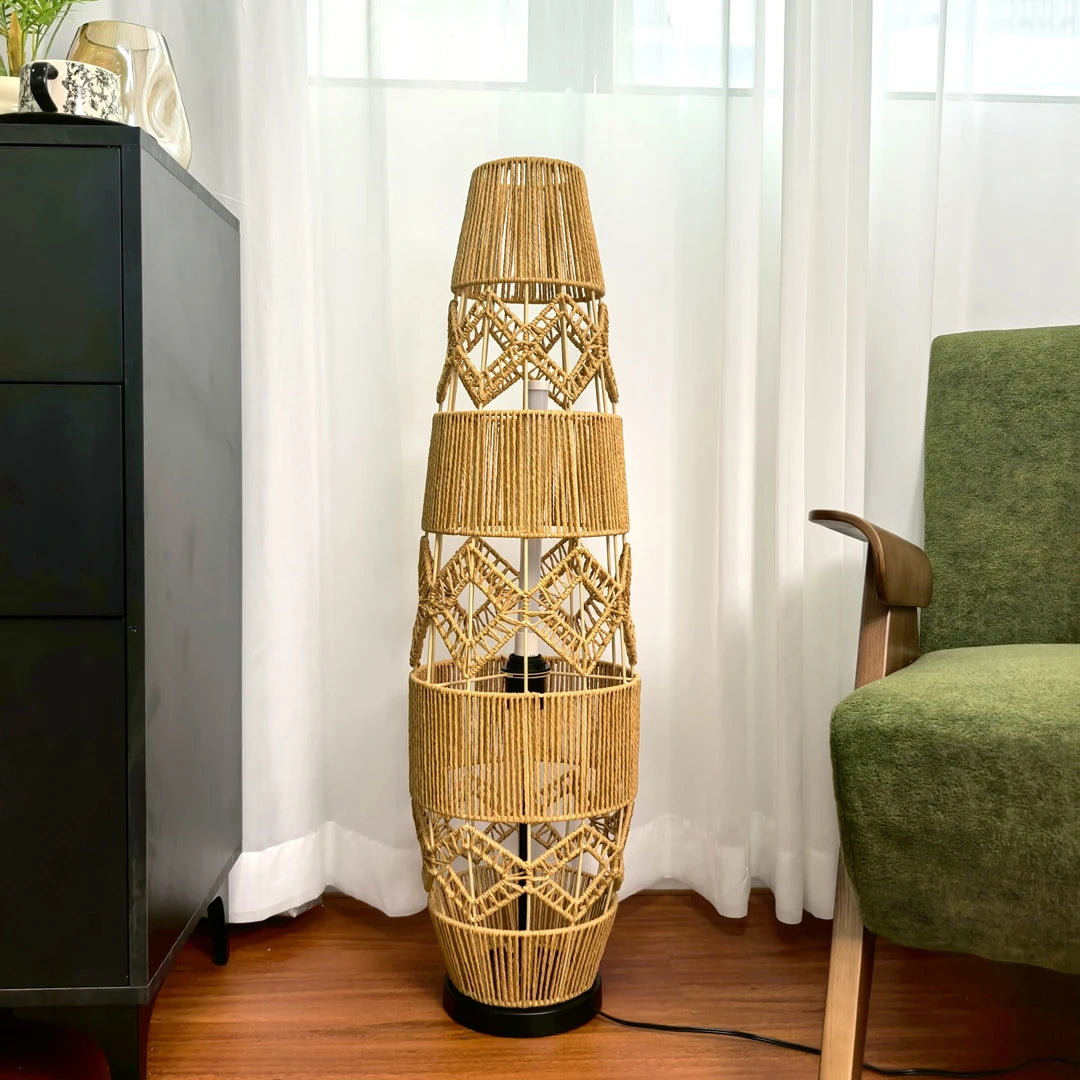 Vrygle Boho Rattan Floor Lamp With LED Light Corner Reading Lamp Living Room